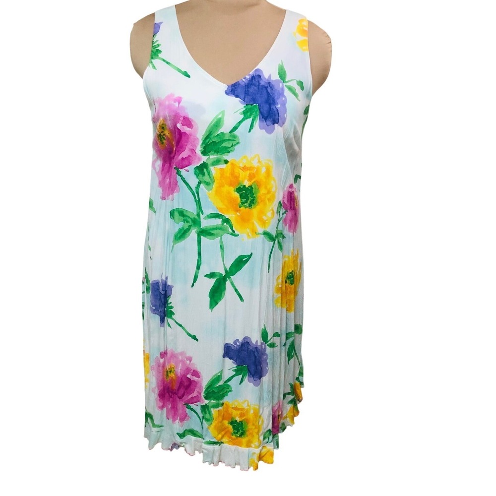 Vintage‎ Jams World Dress Sky Flower Floral Ruffle Watercolor USA Beach Womens L